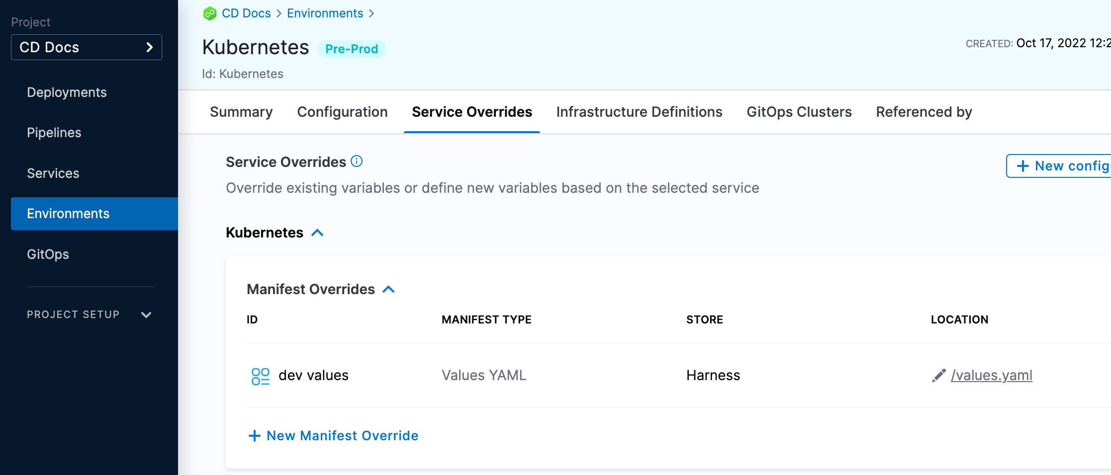 Service Overrides settings