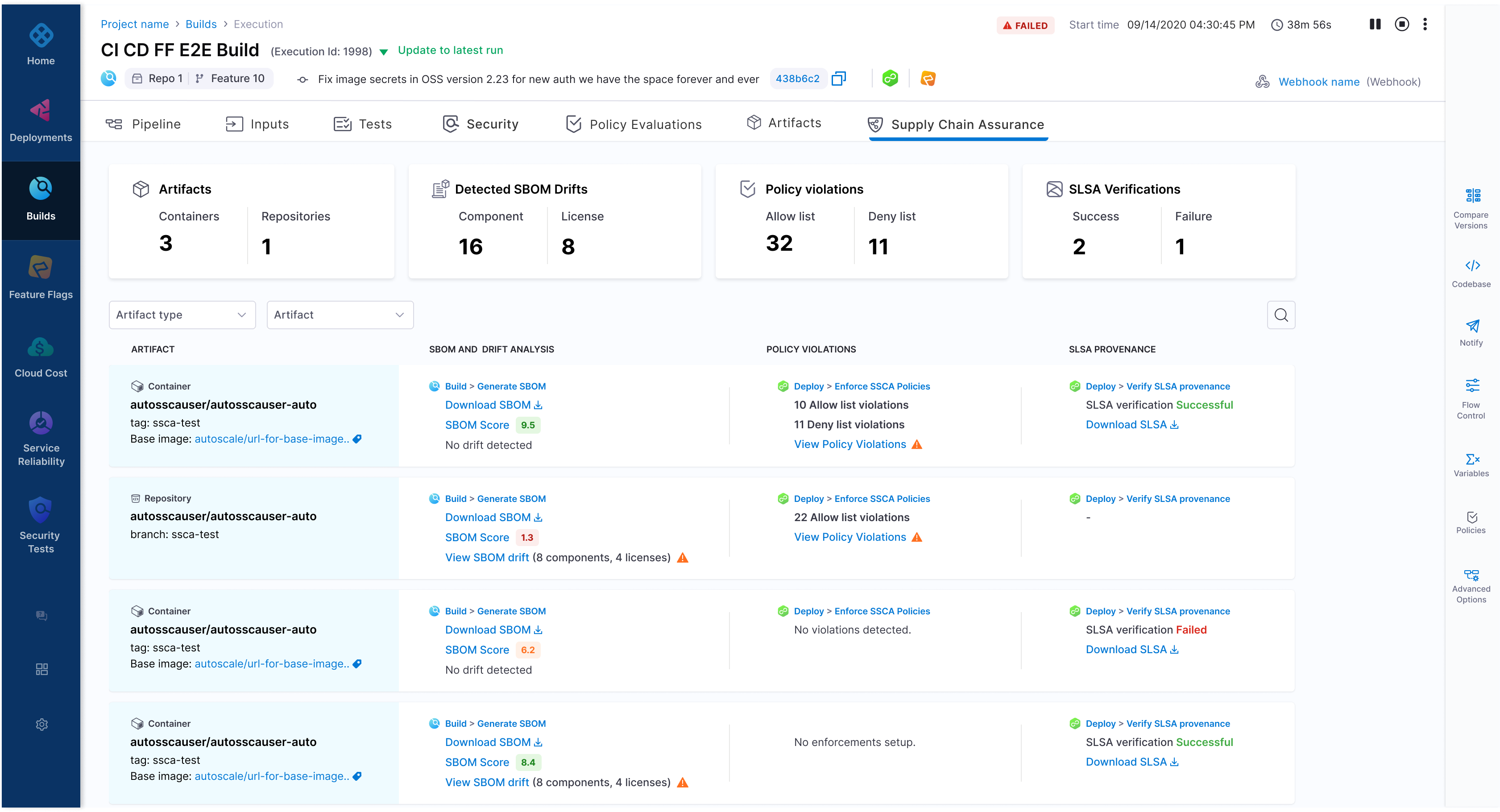 Pipeline execution Supply Chain tab